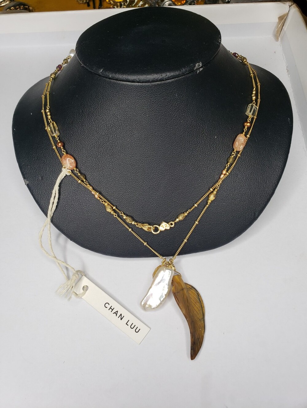 Chan Luu 925 Gold Necklace with Brown Tiger Eye Wing and Cream Pearl Charms